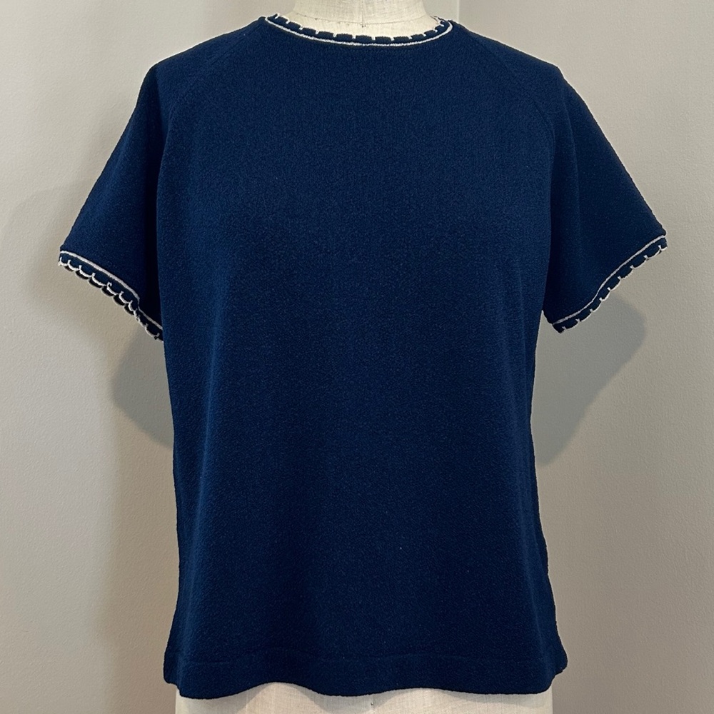 VTG 70s Navy Boucle Blouse Embroidered Lace Scalloped Edging Sz 12